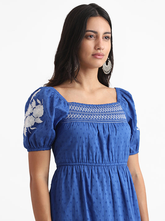 Bombay Paisley Royal Blue Embroidered Slim Fit Dobby Dress