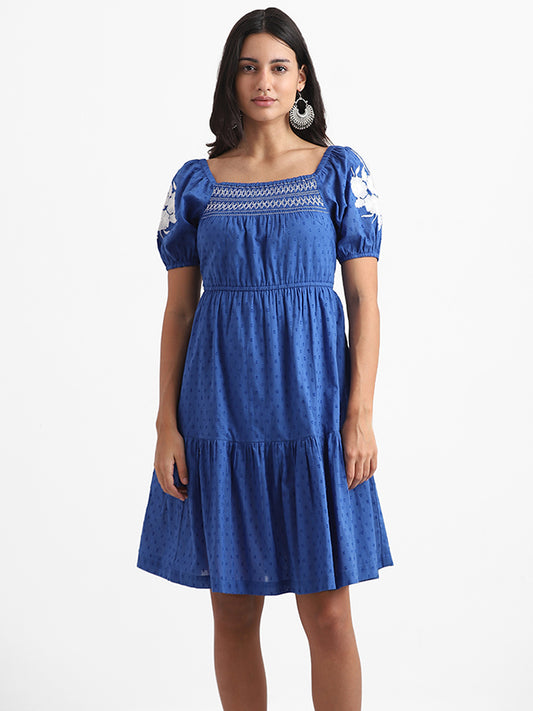 Bombay Paisley Royal Blue Embroidered Slim Fit Dobby Dress