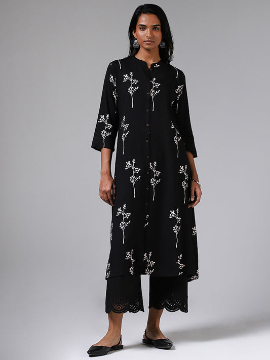 Utsa Black Tree Printed Buttoned Down Kurta