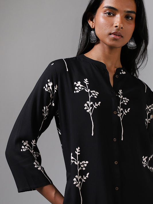Utsa Black Tree Printed Buttoned Down Kurta