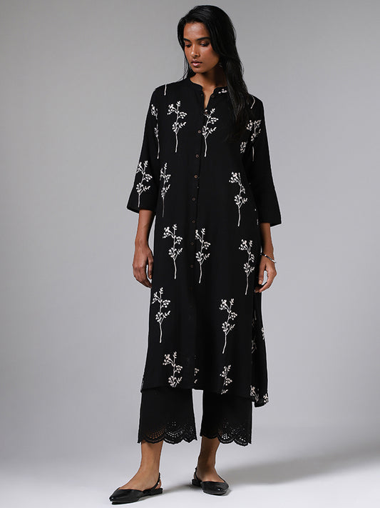 Utsa Black Tree Printed Buttoned Down Kurta