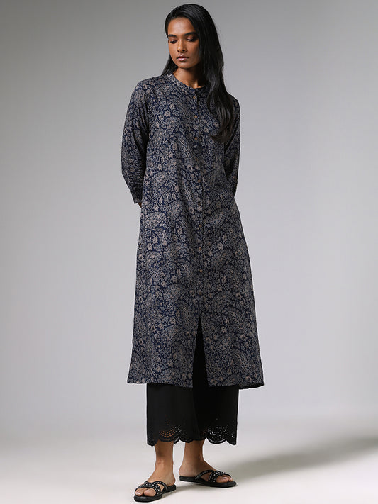 Utsa Indigo Floral Paisley Printed Buttoned Down Kurta