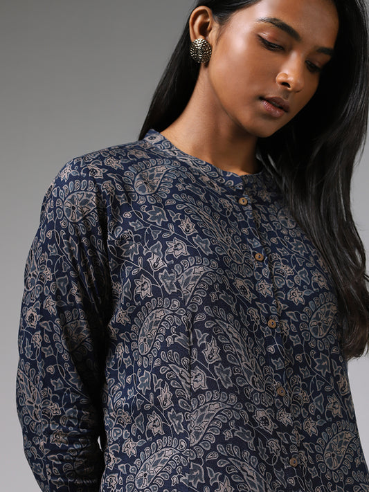 Utsa Indigo Floral Paisley Printed Buttoned Down Kurta