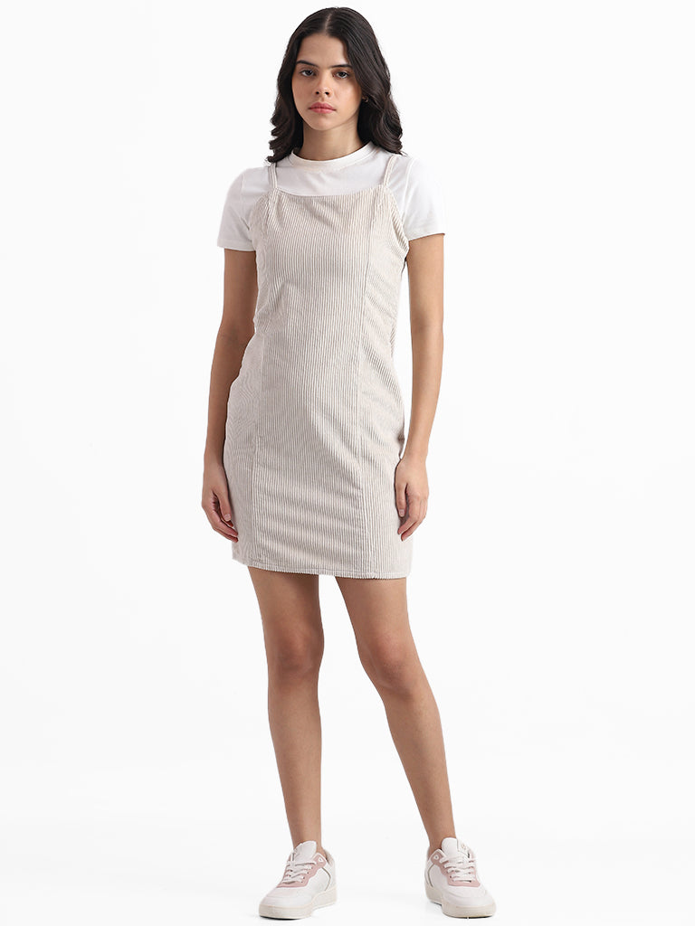 Nuon Solid Light Beige Strappy Shoulder Dress