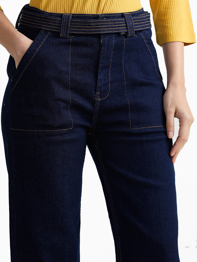LOV Dark Blue Straight - Fit Mid - Rise Jeans With Belt