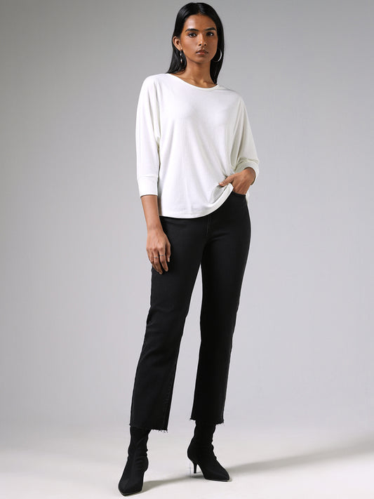 LOV White Ribbed Back Button Accent Top