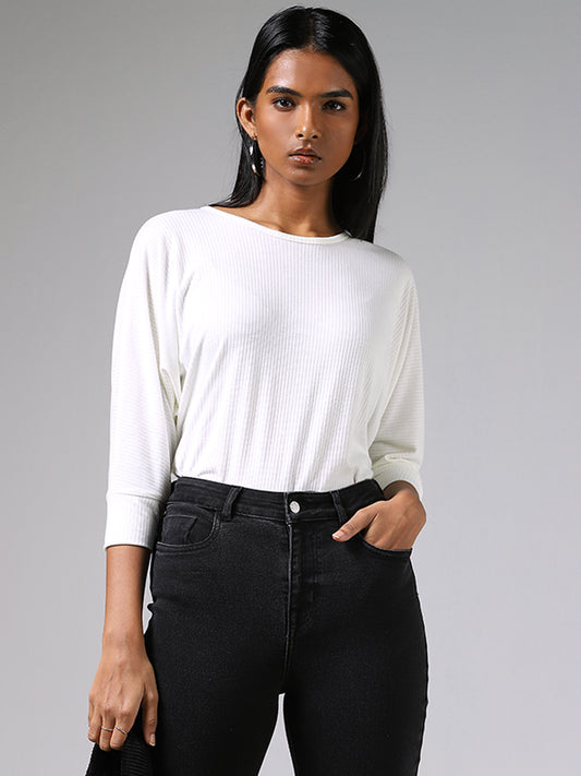 LOV White Ribbed Back Button Accent Top