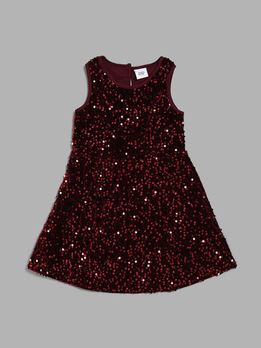 HOP Kids Sequence Embellished Maroon Dress