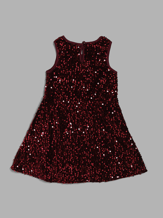 HOP Kids Sequence Embellished Maroon Dress