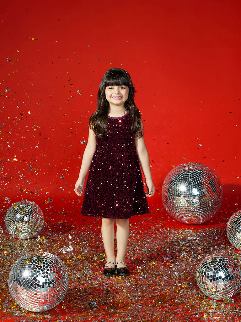 HOP Kids Sequence Embellished Maroon Dress