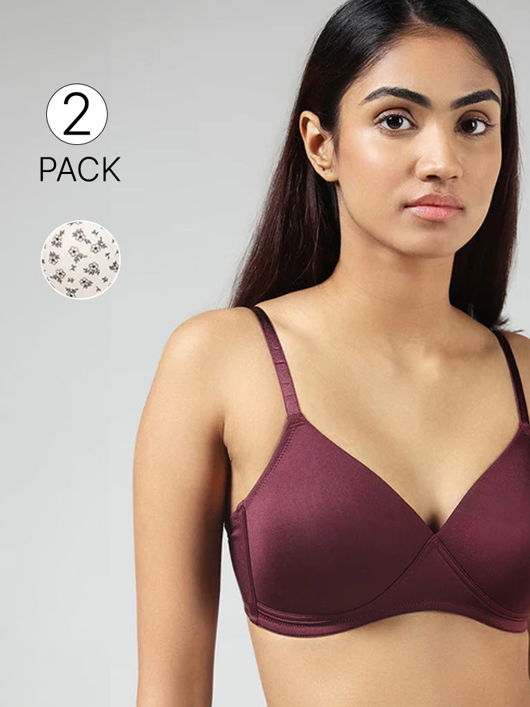 Wunderlove Burgundy and White Floral Printed Cotton Blend Padded Bra - Pack of 2