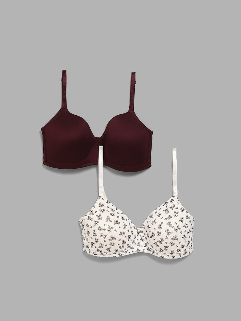 Wunderlove Burgundy and White Floral Printed Cotton Blend Padded Bra - Pack of 2