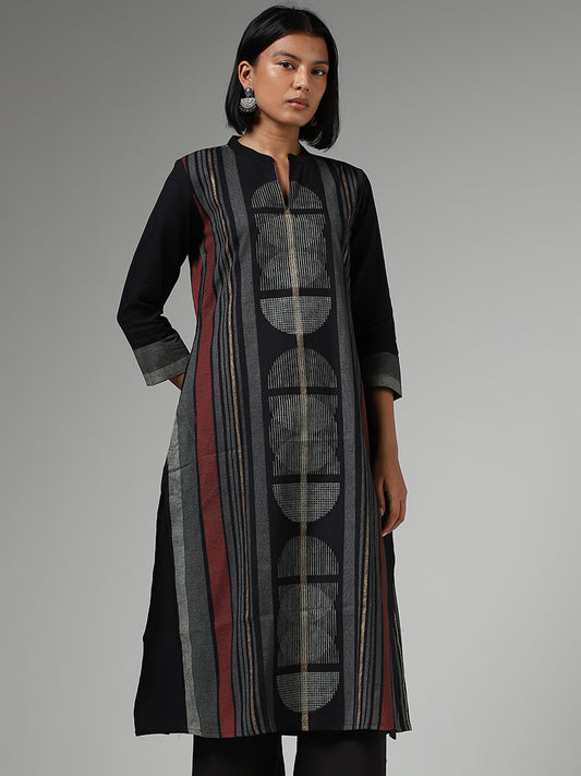 Utsa Black Geometric Printed Straight Kurta