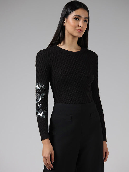 Wardrobe Black Floral Sequin Embroidered Sleeves Sweater