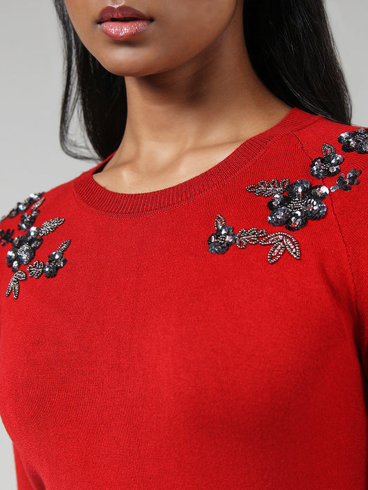 Wardrobe Red Sequin Embroidered Sweater