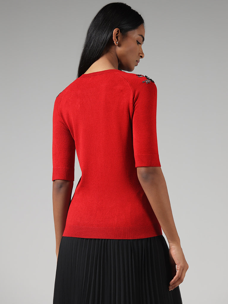 Wardrobe Red Sequin Embroidered Sweater