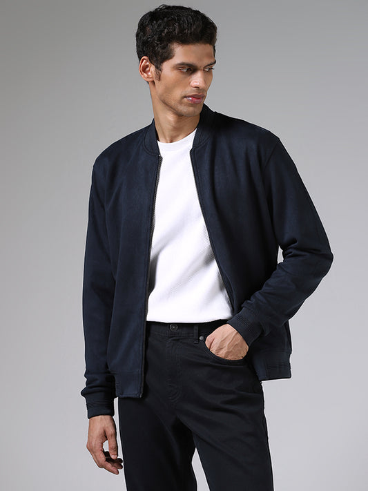 Ascot Navy Blue Relaxed Fit Suede Jacket
