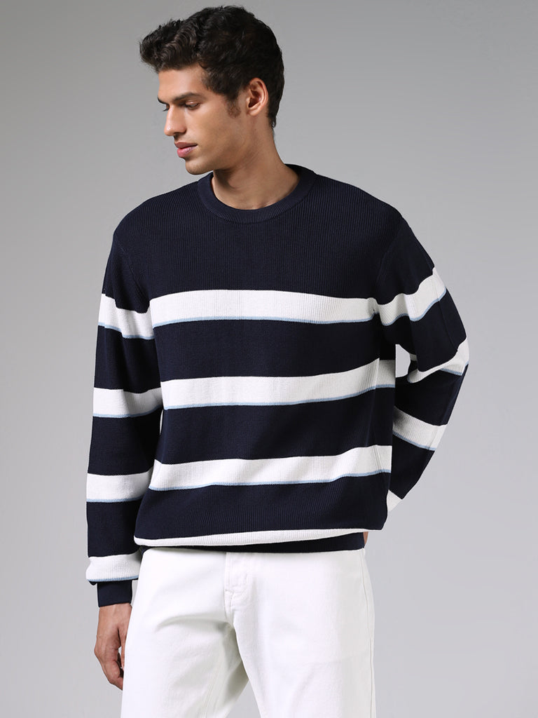 Ascot Navy & White Striped Relaxed Fit Sweater