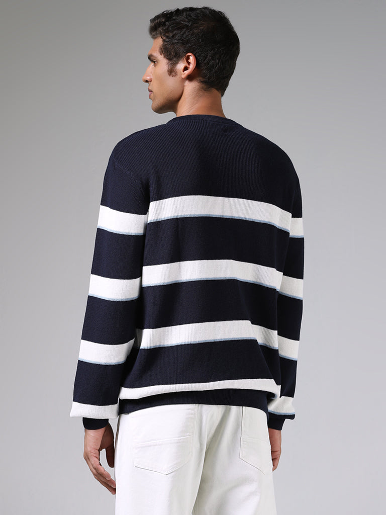 Ascot Navy & White Striped Relaxed Fit Sweater