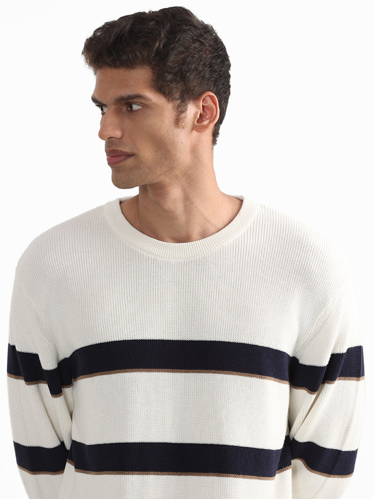 Ascot Striped Off White Crew Neck Relaxed Fit Sweater