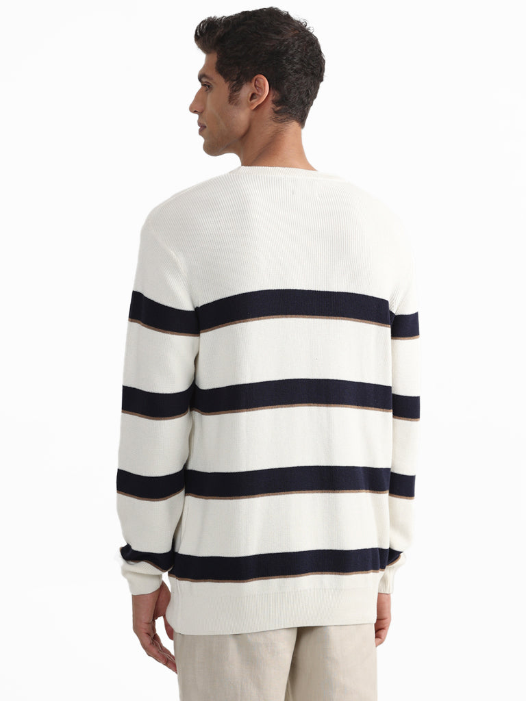 Ascot Striped Off White Crew Neck Relaxed Fit Sweater