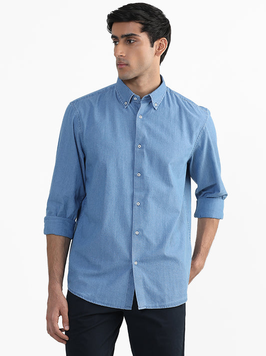 Ascot Plain Denim Blue Relaxed-Fit Shirt