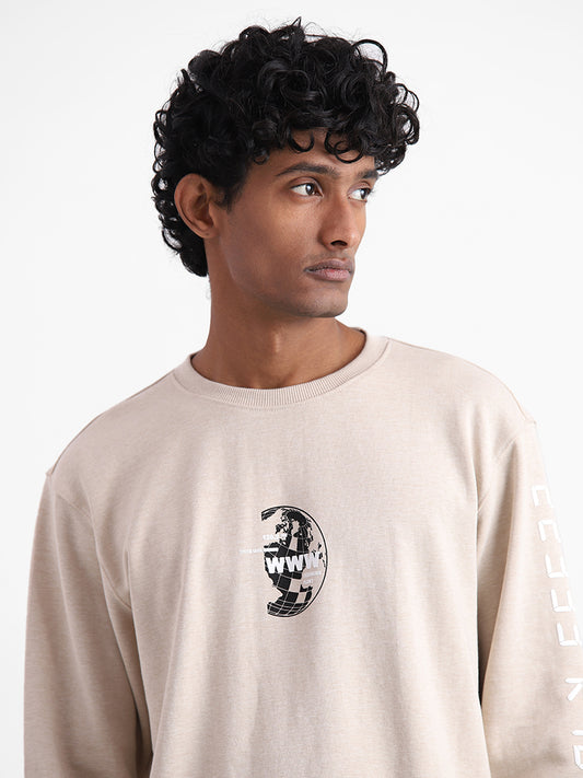 Studiofit Taupe Melange Printed Cotton Relaxed-Fit Sweatshirt