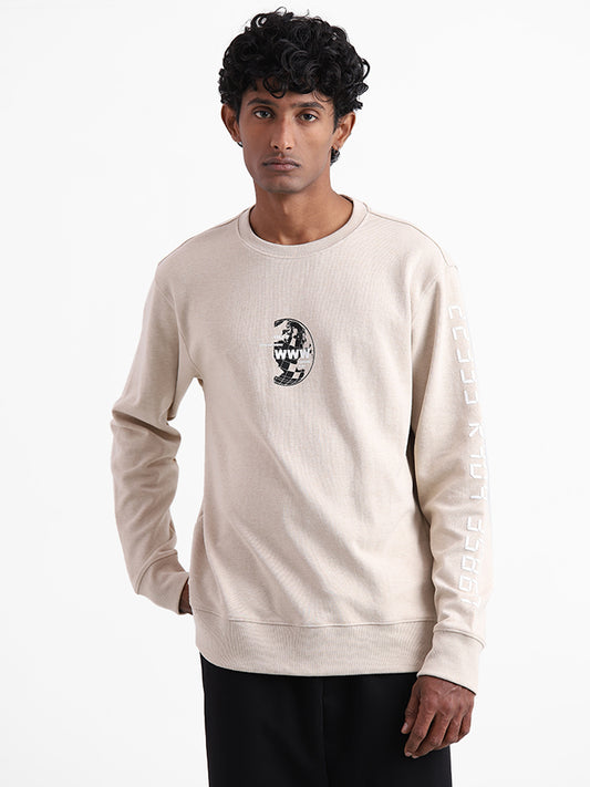 Studiofit Taupe Melange Printed Cotton Relaxed Fit Sweatshirt