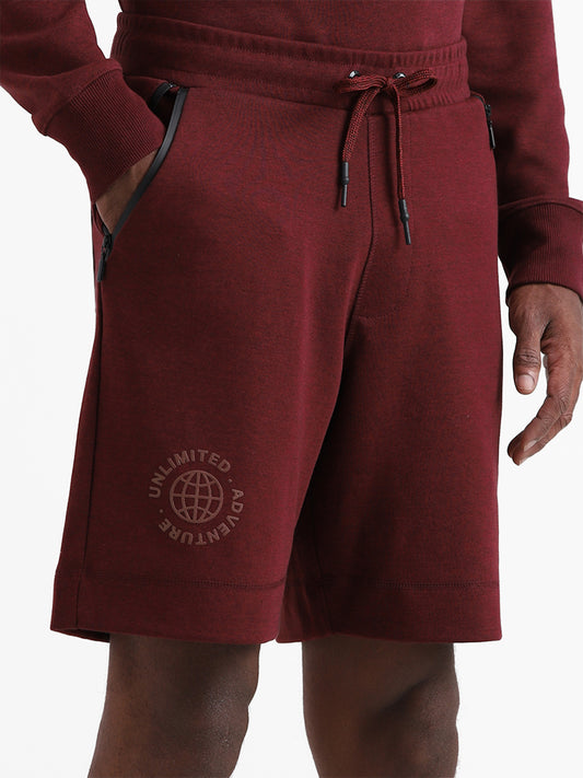 Studiofit Solid Wine Melange Relaxed-Fit Mid-Rise Shorts