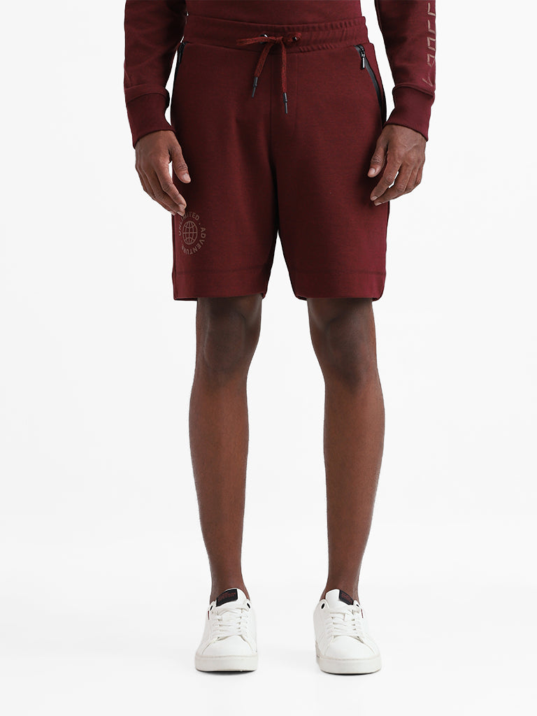 Studiofit Solid Wine Melange Relaxed Fit Shorts