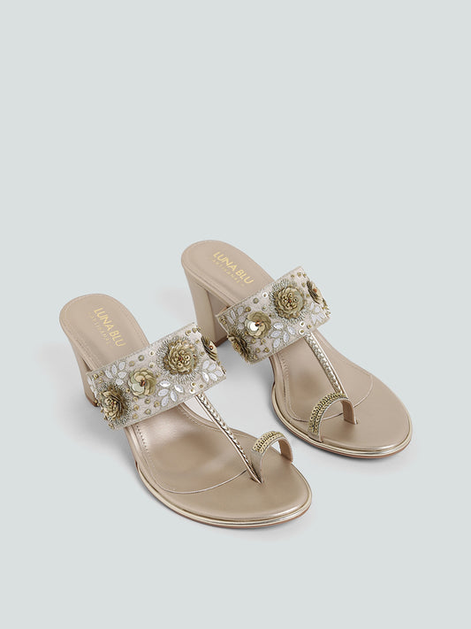 LUNA BLU Rose Embellished Platinum Leather Heel Sandals