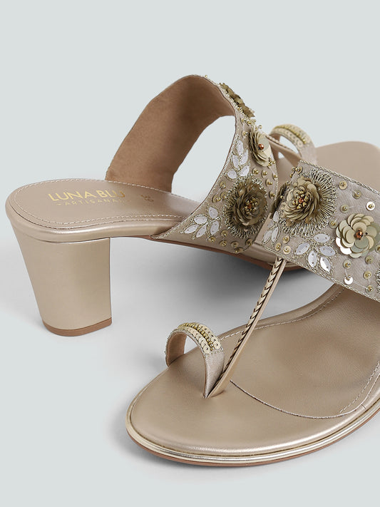 LUNA BLU Rose Embellished Platinum Leather Heel Sandals