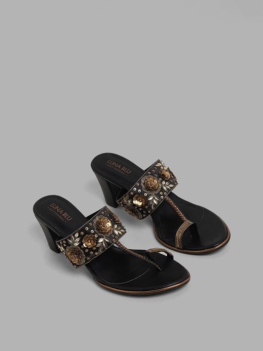 LUNA BLU Black Embroidered Leather Heeled Sandals