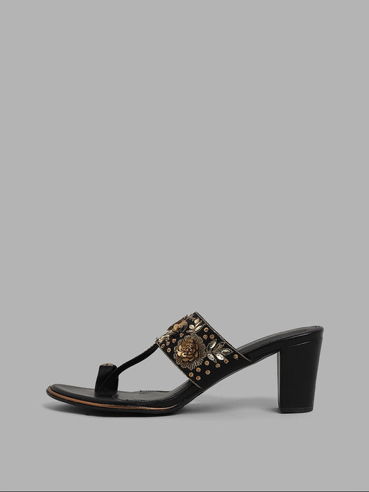 LUNA BLU Black Embroidered Leather Heeled Sandals