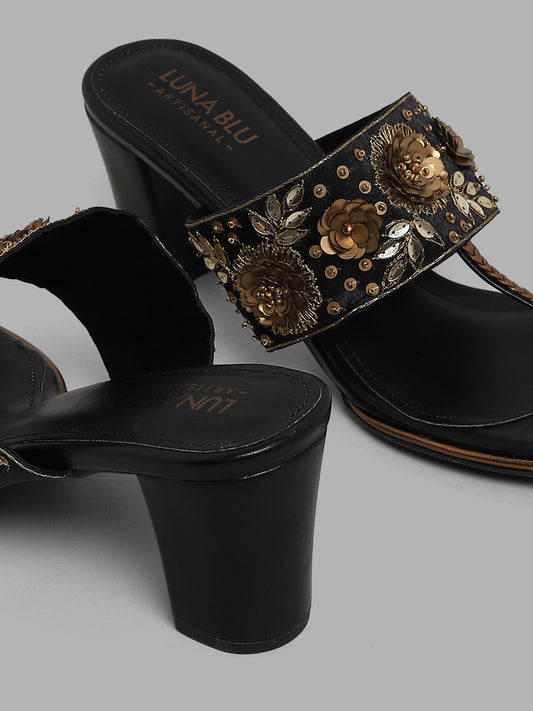 LUNA BLU Black Embroidered Leather Heeled Sandals