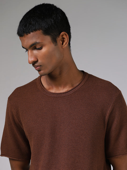ETA Coco Brown Knitted Solid Slim-Fit T-Shirt