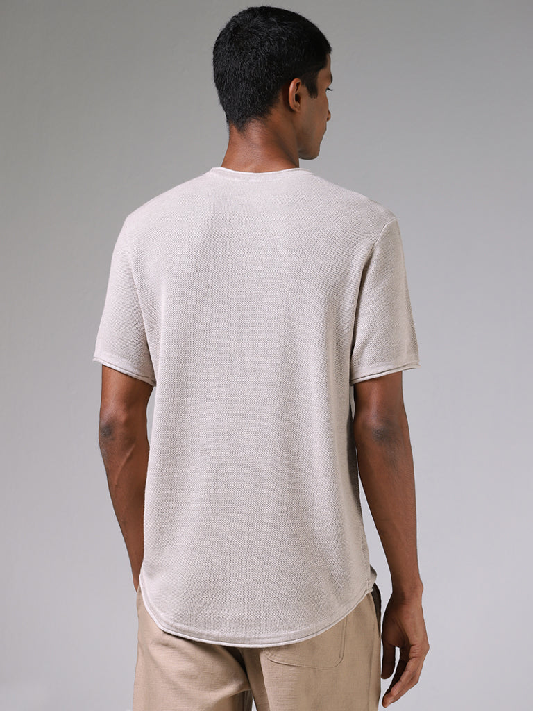 ETA Taupe Melange Knitted Solid Slim Fit T-Shirt