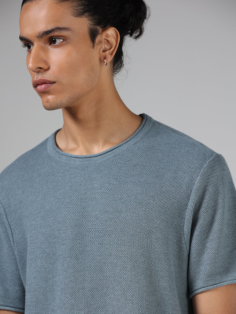 ETA Teal Knitted Solid Slim Fit T-Shirt