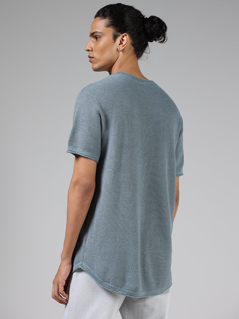 ETA Teal Knitted Solid Slim Fit T-Shirt