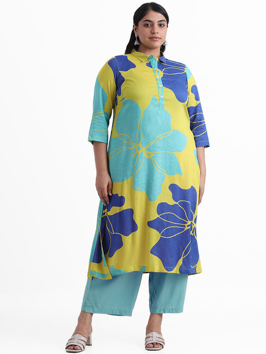 Diza Lime & Blue Printed Big Floral Slim Fit Kurta