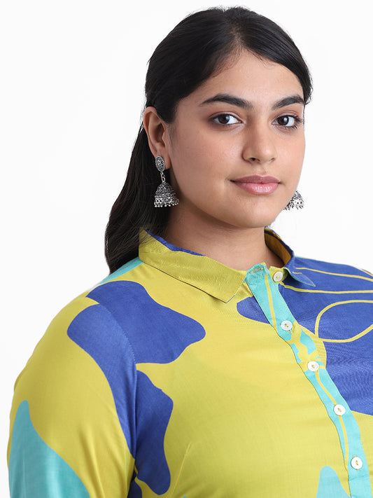 Diza Lime & Blue Printed Big Floral Slim Fit Kurta