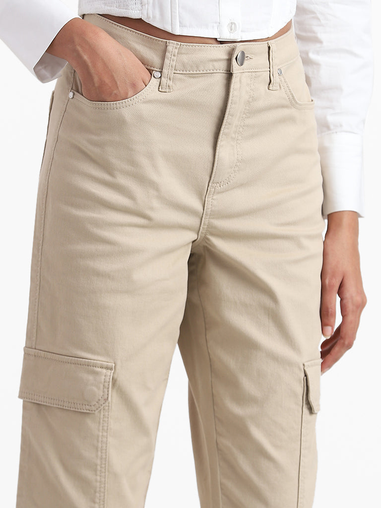 Nuon Beige Mid Rise Tapered Cargo Jeans