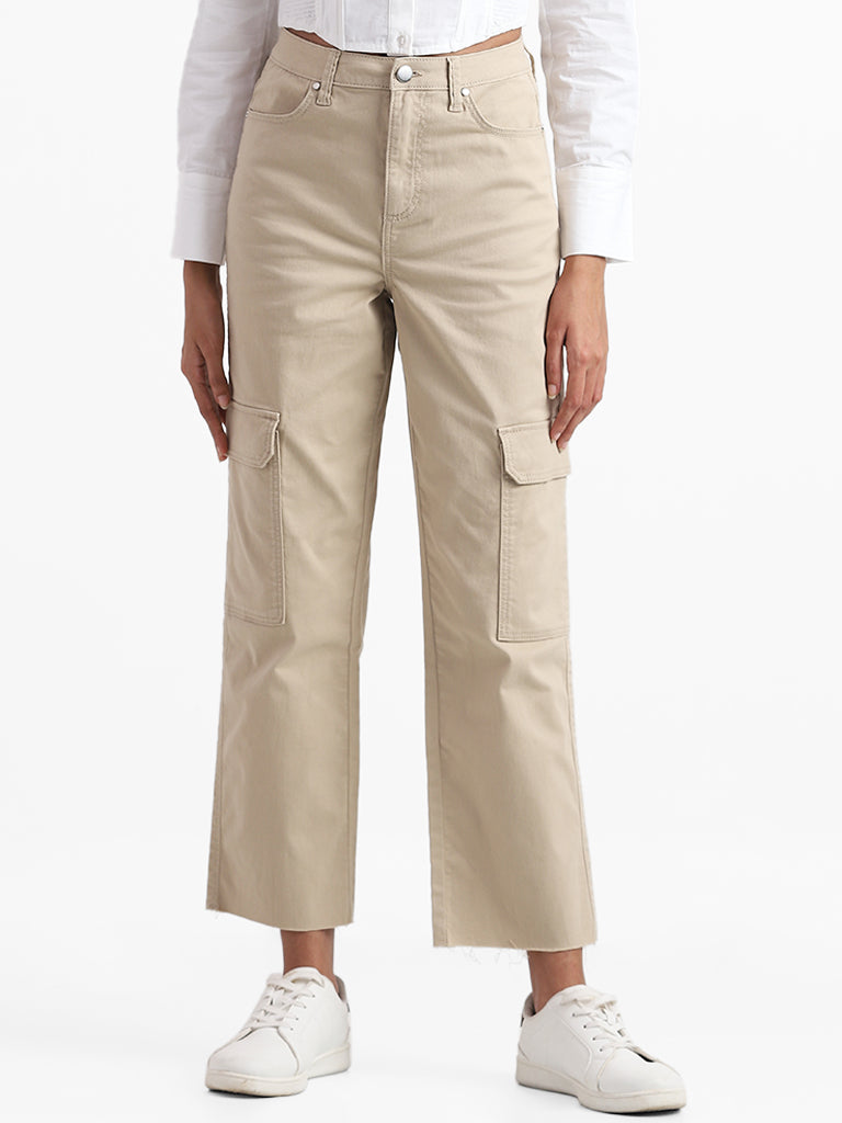 Nuon Beige Mid Rise Tapered Cargo Jeans