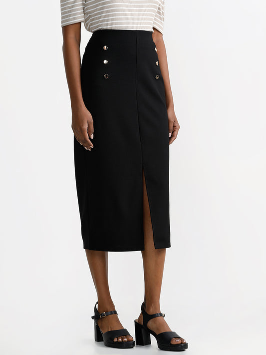 Wardrobe Solid Black Pencil Skirt with Slit