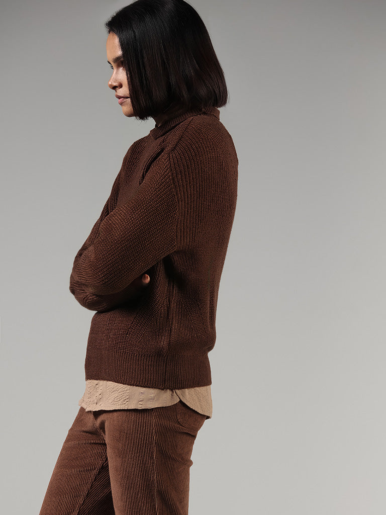 LOV Chocolate Brown Self-Striped Sweater