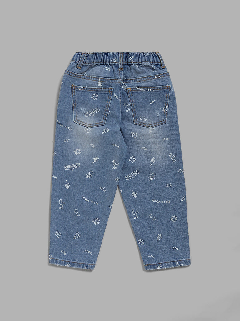 HOP Kids Ice Blue Typographic Printed Jeans