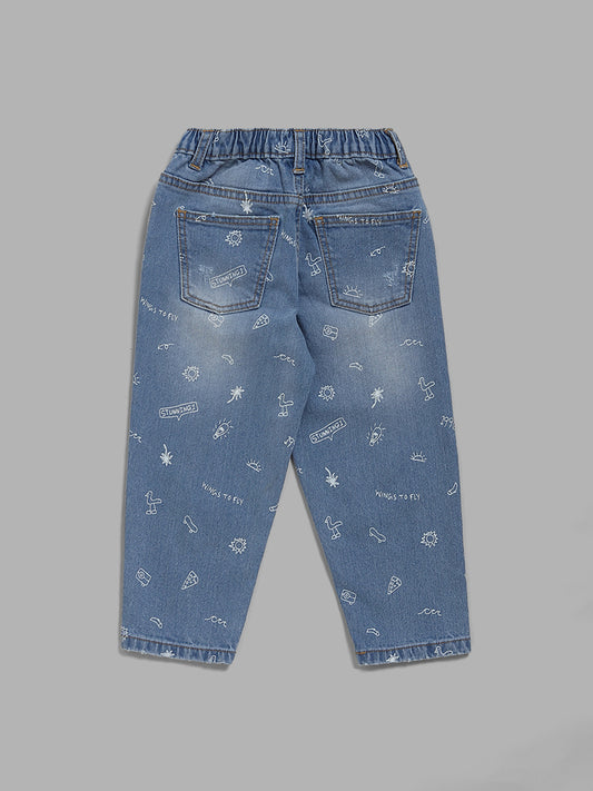 HOP Kids Ice Blue Typographic Printed Relaxed - Fit Mid - Rise Jeans