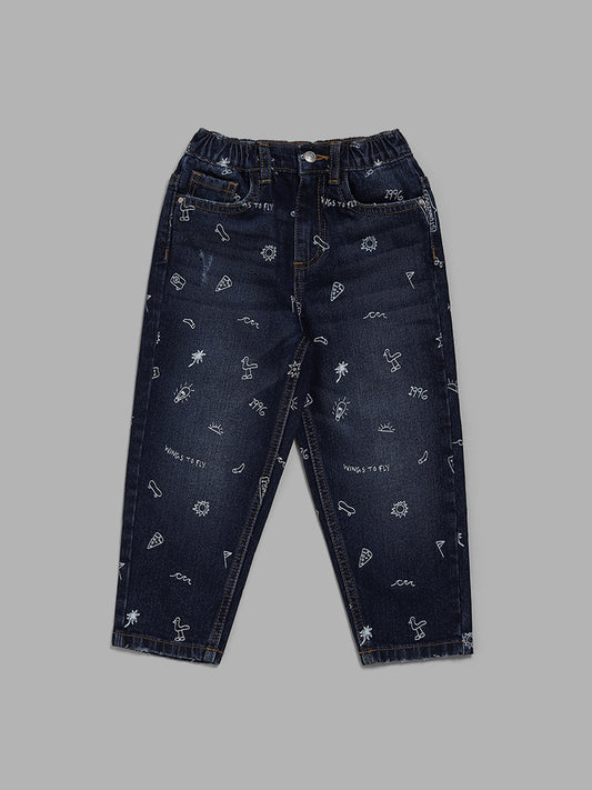 HOP Kids Printed Indigo Relaxed - Fit Mid - Rise Denim Jeans