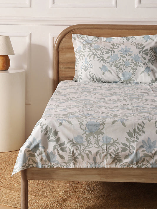 Westside Home Aqua Floral Printed Single Bed Flat sheet and Pillowcase Set