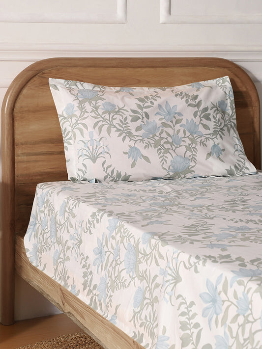Westside Home Aqua Floral Printed Single Bed Flat sheet and Pillowcase Set